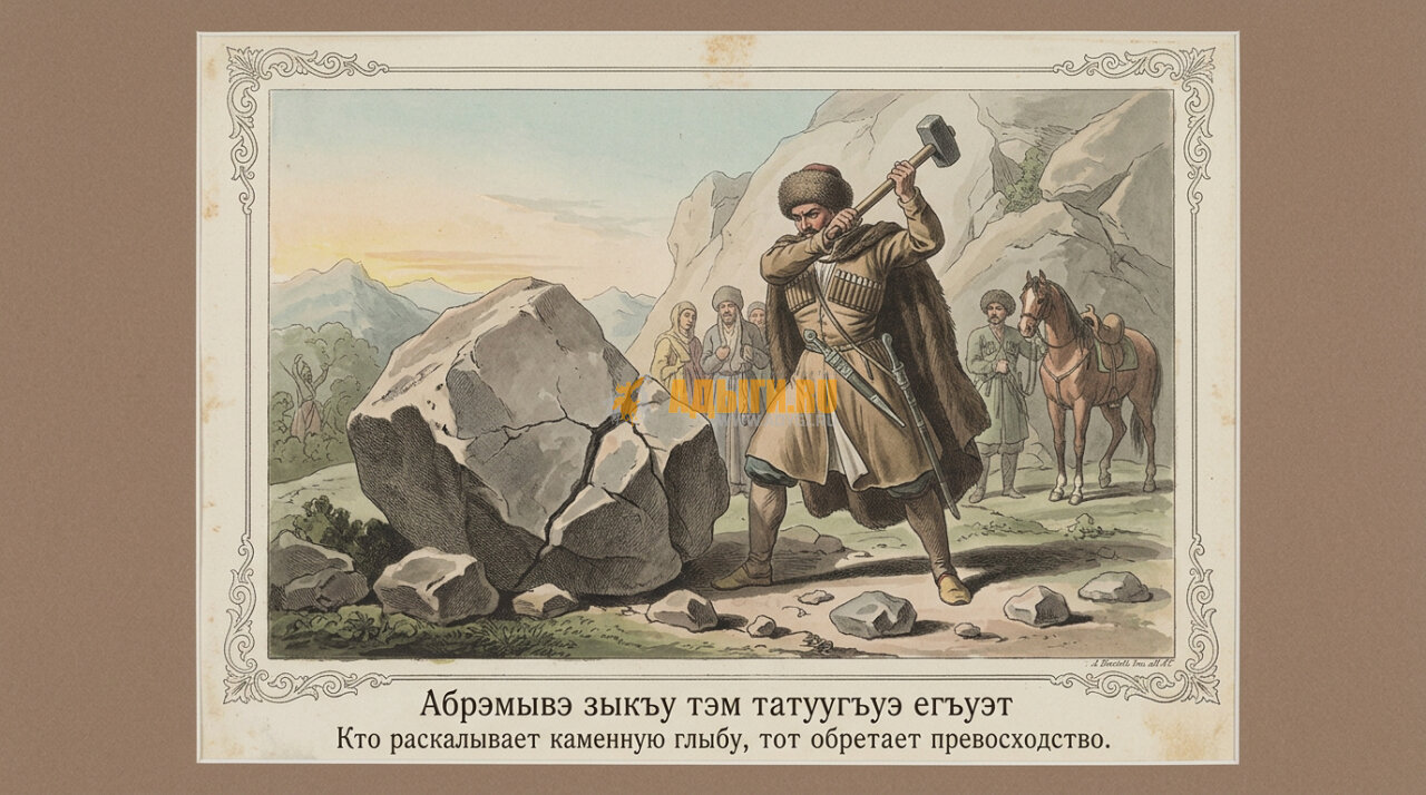 Адыгейские пословицы: Абрэмывэ зыкъу тэм татуугъуэ егъуэт  – Кто раскалывает каменную глыбу, тот обретает превосходство.