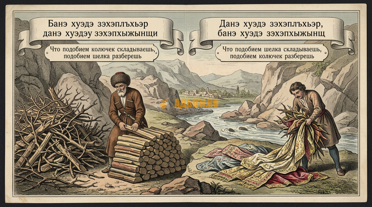 Банэ хуэдэ зэхэплъхьэр данэ хуэдэу зэхэпхыжынщи, / Данэ хуэдэ зэхэплъхьэр, банэ хуэдэ зэхэпхыжынщ – Что подобием колючек складываешь, подобием шелка разберешь, что подобием шелка складываешь, подобием колючек разберешь.
