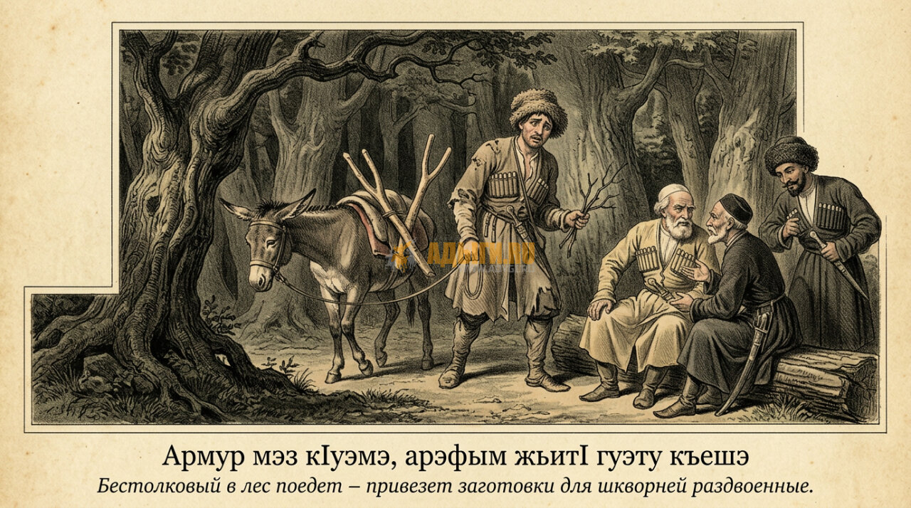 Армур мэз кIуэмэ, арэфым жьитI гуэту къешэ   – Бестолковый в лес поедет – привезет заготовки для шкворней раздвоенные.