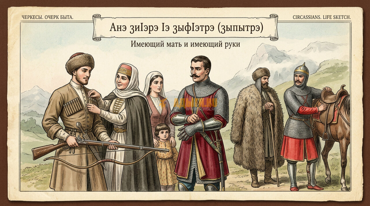 Адыгейские пословицы: Анэ зиIэрэ Iэ зыфIэтрэ (зыпытрэ)  – Имеющий мать и имеющий руки