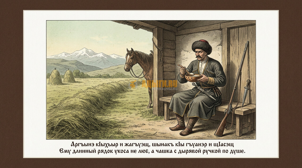 Аргъынэ кIыхьыр и жагъуэщ, шынакъ кIы гъуанэр и щIасэщ   – Ему длинный рядок укоса не люб, а чашка с дырявой ручкой по душе.