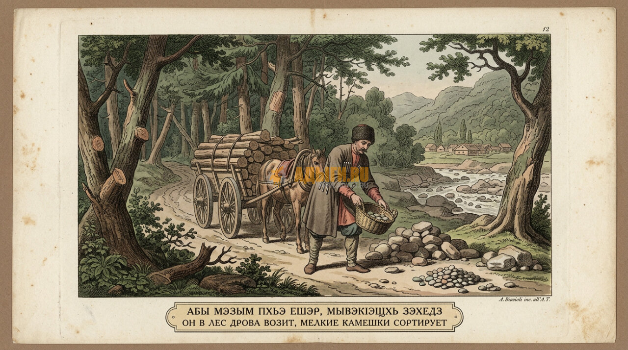 Адыгейские пословицы: Абы мэзым пхьэ ешэр, мывэкIэщхь зэхедз  – Он в лес дрова возит, мелкие камешки сортирует
